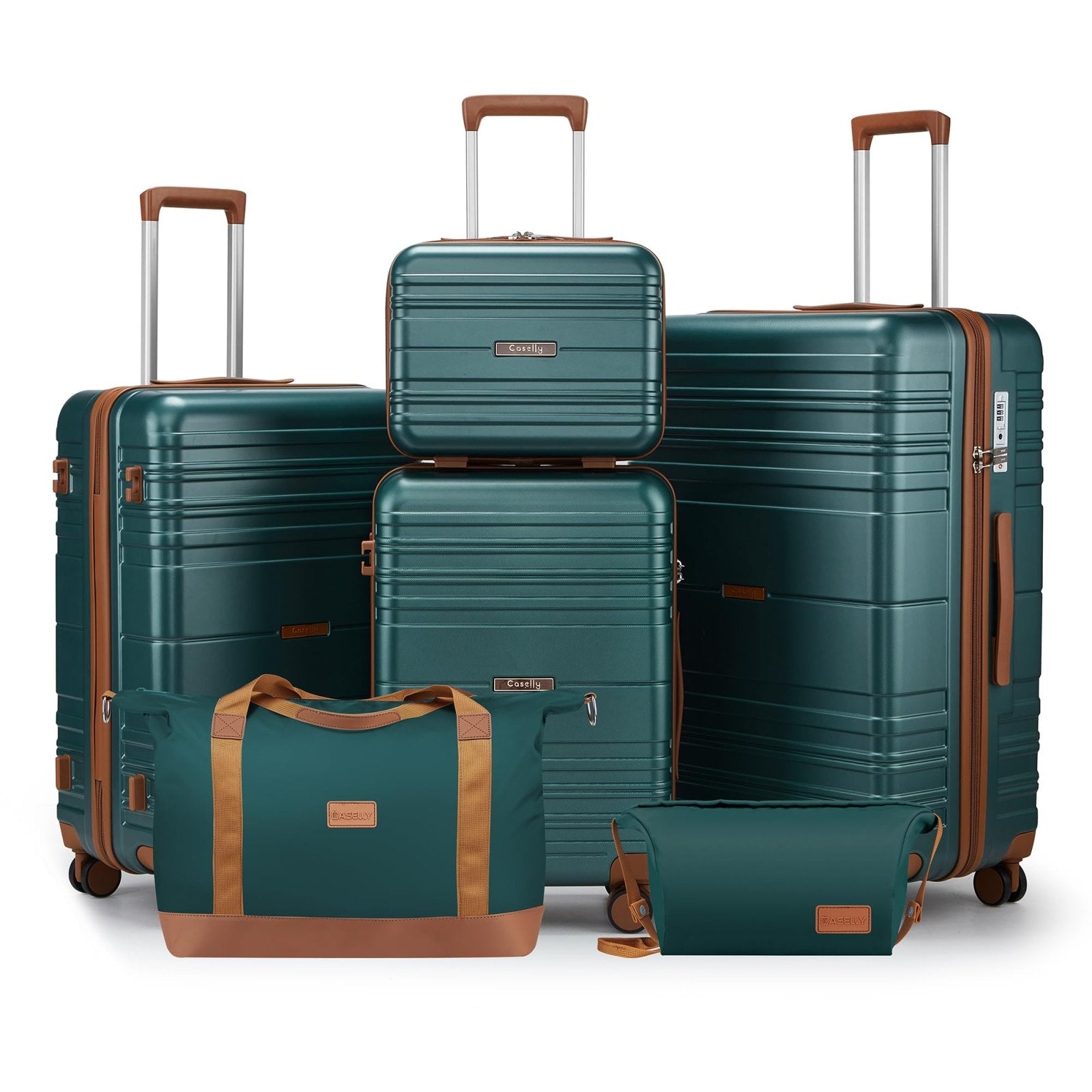 CASELLY Luggage Sets 6 Piece with Spinner Wheels, Lightweight Hardshell Suitcase Set with TSA Lock, Carry On Checked Luggage Set with YKK Zippers (Dark Green, 6 piece sets（14/20/24/28/DB/TB）)
