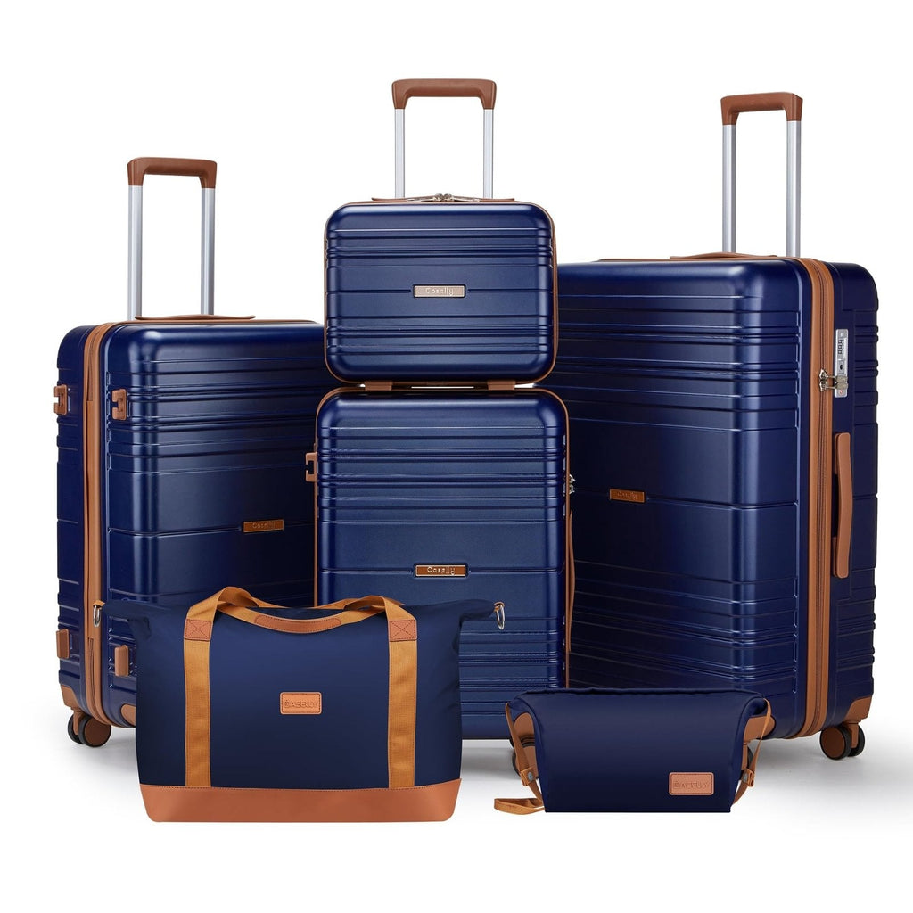 CASELLY Luggage Sets 6 Piece with Spinner Wheels, Lightweight Hardshell Suitcase Set with TSA Lock, Carry On Checked Luggage with Travel Bag & Toiletry Bag(Navy, 6 piece sets（14/20/24/28/DB/TB）)