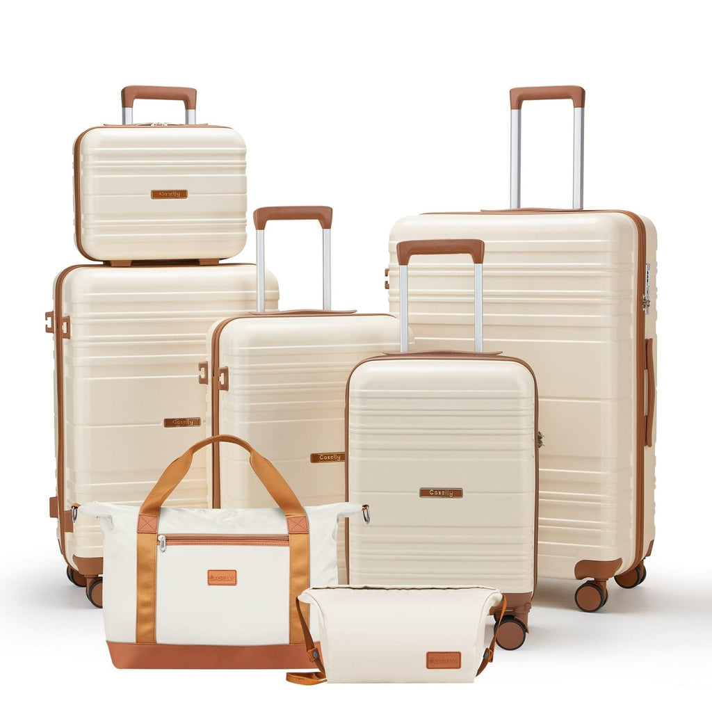 CASELLY Luggage Sets with spinner wheels, PC+ABS Hard Shell Travel Luggage,Lightweight Carry-on suitcases with TSA Lock,YKK Zippers (Beige, 7 piece sets（14/18/20/24/28/DB/TB）)