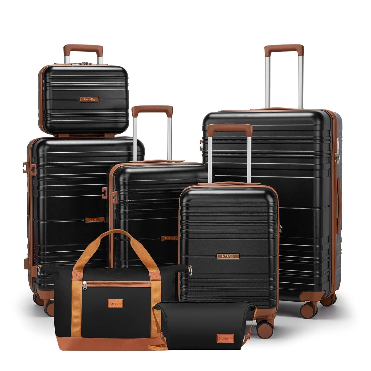 CASELLY Luggage Sets with spinner wheels, PC+ABS Hard Shell Travel Luggage,Lightweight Carry-on suitcases with TSA Lock,YKK Zippers (Black, 7 piece sets（14/18/20/24/28/DB/TB）)