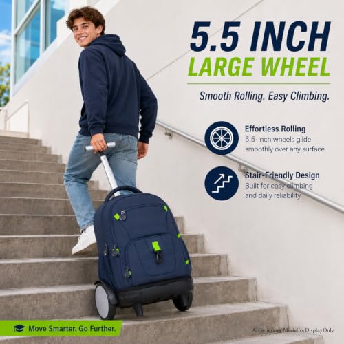 CCJPX 3Pcs Men & Boys Rolling Backpack with Bigger Wheels, Extra-Large Wheeled Bookbag with Lunch Box, Water Resistant Roller Luggage for Travel, Work, College (Blue)