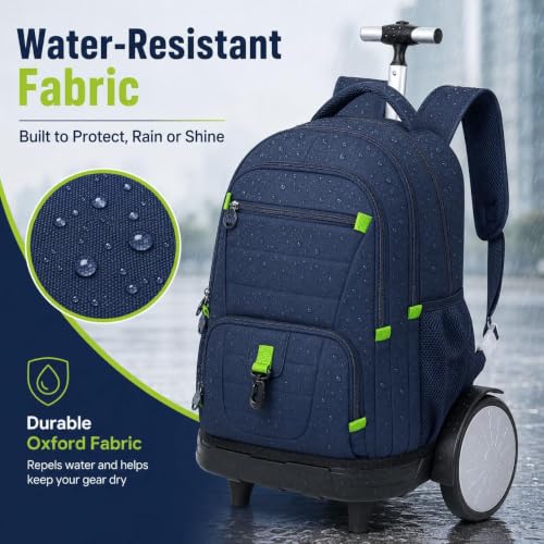 CCJPX 3Pcs Men & Boys Rolling Backpack with Bigger Wheels, Extra-Large Wheeled Bookbag with Lunch Box, Water Resistant Roller Luggage for Travel, Work, College (Blue)