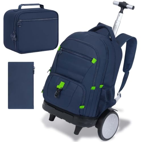 CCJPX 3Pcs Men & Boys Rolling Backpack with Bigger Wheels, Extra-Large Wheeled Bookbag with Lunch Box, Water Resistant Roller Luggage for Travel, Work, College (Blue)