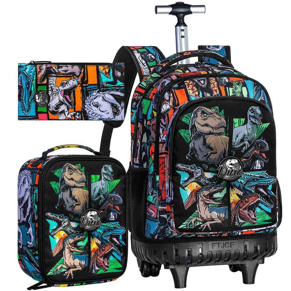 CCJPX 3PCS Rolling Backpack for Boys, 21 Inch Water Resistant Dinosaur Backpacks with Roller Wheels, Wheeled Bookbag for Teens Elementary School Travel-Brown
