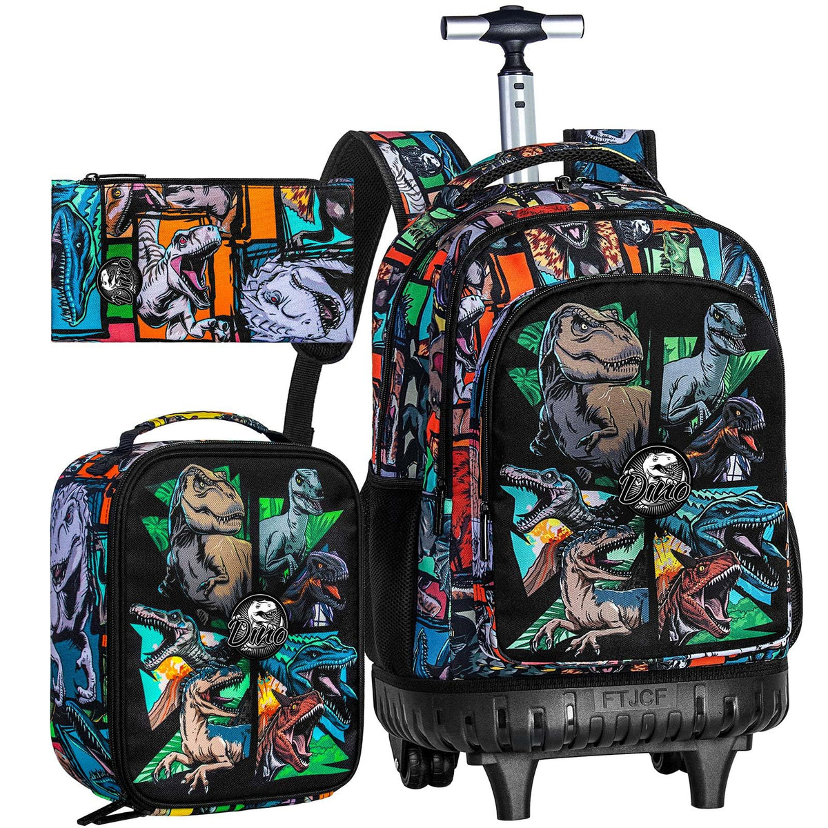 CCJPX 3PCS Rolling Backpack for Boys, 21 Inch Water Resistant Dinosaur Backpacks with Roller Wheels, Wheeled Bookbag for Teens Elementary School Travel-Brown