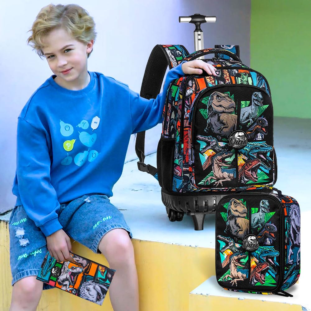 CCJPX 3PCS Rolling Backpack for Boys, 21 Inch Water Resistant Dinosaur Backpacks with Roller Wheels, Wheeled Bookbag for Teens Elementary School Travel - Brown