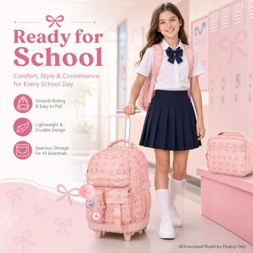 CCJPX 3Pcs Rolling Backpack for Girls, Roller Wheeled School Bookbag, Bow Wheels Backpacks with Lunch Box for Kids (Pink)