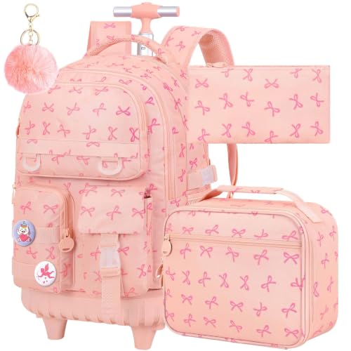 CCJPX 3Pcs Rolling Backpack for Girls, Roller Wheeled School Bookbag, Bow Wheels Backpacks with Lunch Box for Kids (Pink)