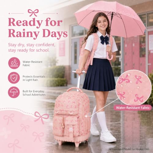 CCJPX 3Pcs Rolling Backpack for Girls, Roller Wheeled School Bookbag, Bow Wheels Backpacks with Lunch Box for Kids (Pink)