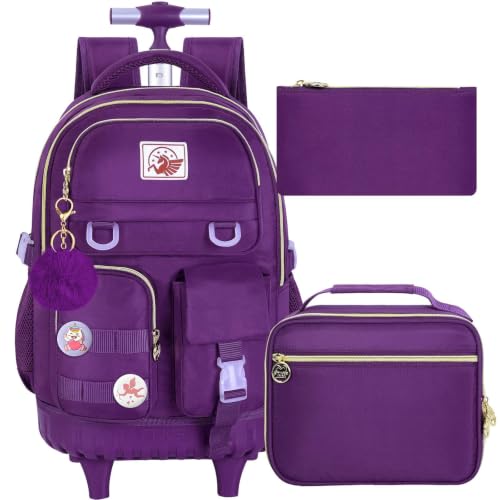 CCJPX 3PCS Rolling Backpack for Girls, Women Roller Bookbag with Lunch Box for Adults, Water Resistant Wheeled School Bag for Teens Kids Travel - Dark Purple