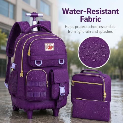 CCJPX 3PCS Rolling Backpack for Girls, Women Roller Bookbag with Lunch Box for Adults, Water Resistant Wheeled School Bag for Teens Kids Travel - Dark Purple