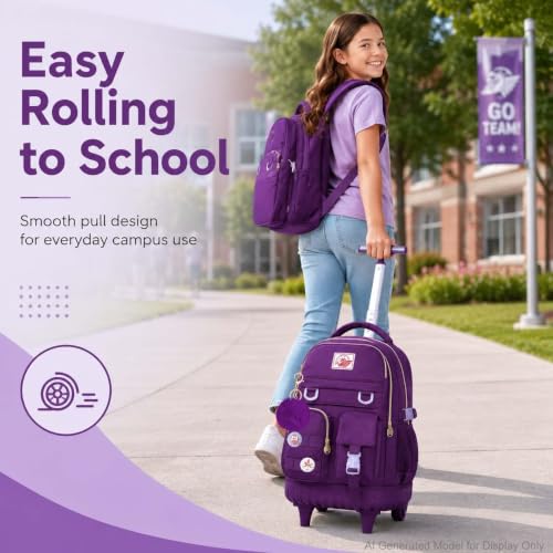 CCJPX 3PCS Rolling Backpack for Girls, Women Roller Bookbag with Lunch Box for Adults, Water Resistant Wheeled School Bag for Teens Kids Travel - Dark Purple