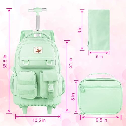 CCJPX Rolling Backpack for Girls Women, 21 inch Roller Wheels School Bookbag, Wheeled Suitcase Backpacks with Lunch Bag for Teen - Green