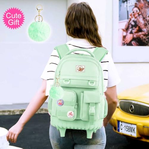 CCJPX Rolling Backpack for Girls Women, 21 inch Roller Wheels School Bookbag, Wheeled Suitcase Backpacks with Lunch Bag for Teen - Green