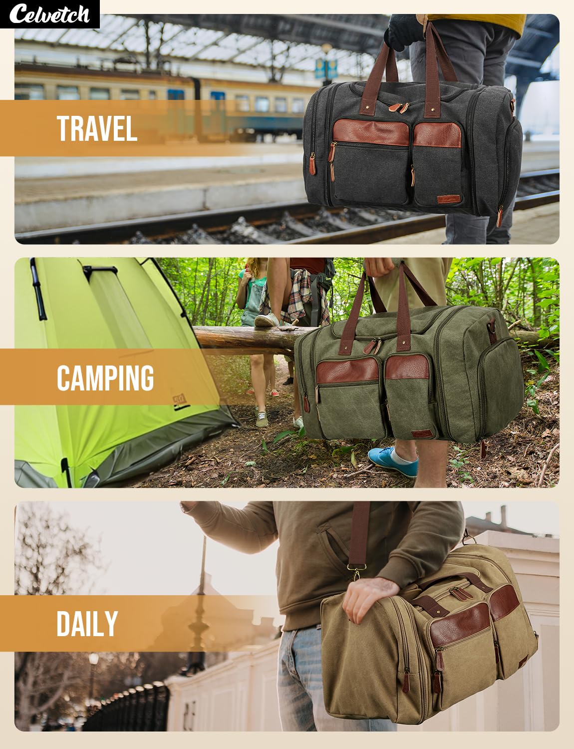 Celvetch Canvas Duffle Bag for Travel 50L Expandable Travel Duffel Bags for Men Women Overnight Weekend Gym Bag with Shoes Compartment - Dark Grey
