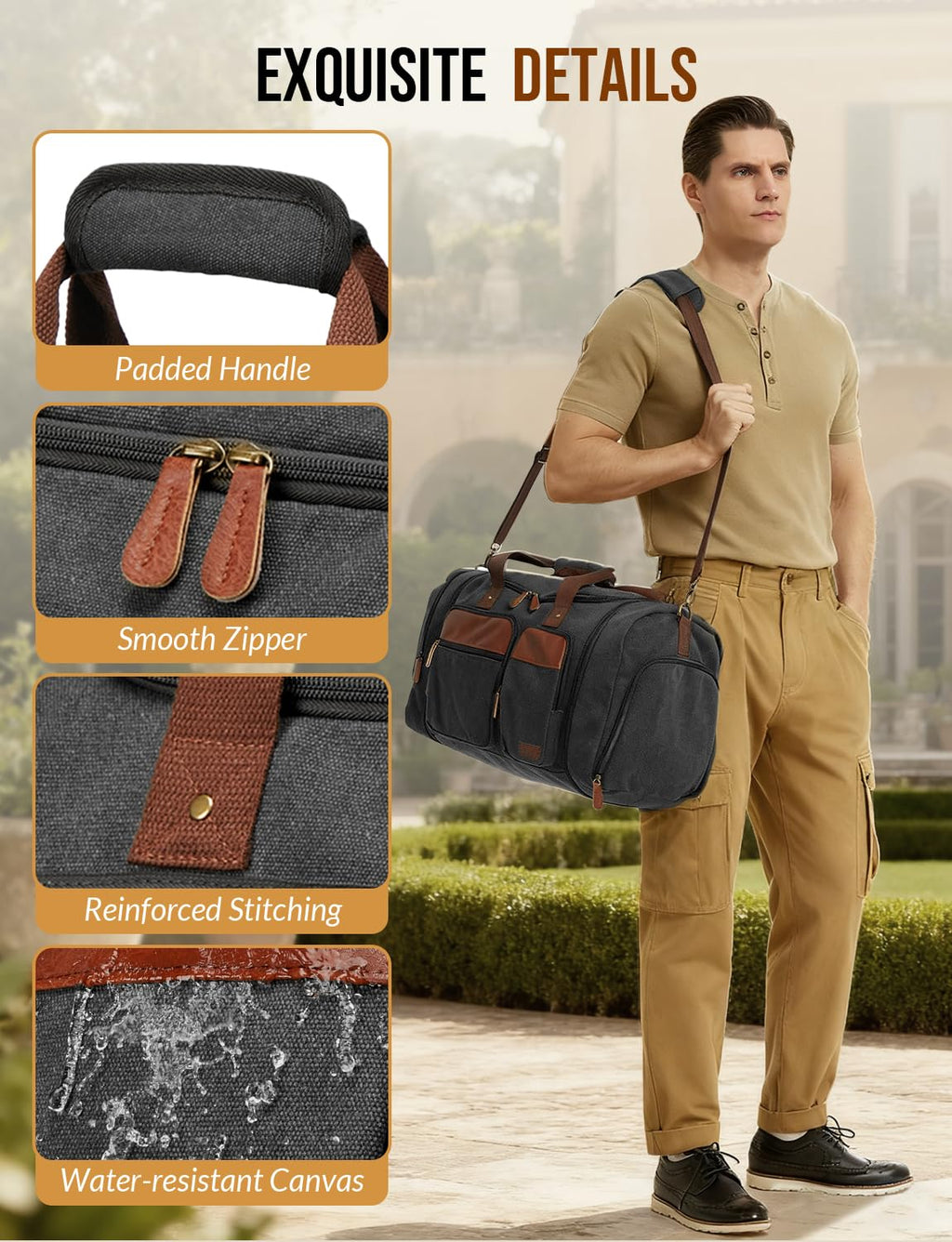 Celvetch Canvas Duffle Bag for Travel 50L Expandable Travel Duffel Bags for Men Women Overnight Weekend Gym Bag with Shoes Compartment - Dark Grey