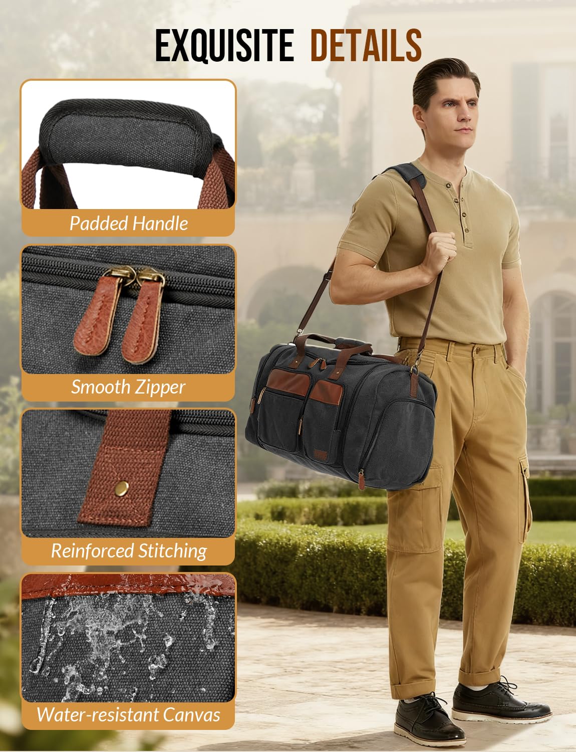 Celvetch Canvas Duffle Bag for Travel 50L Expandable Travel Duffel Bags for Men Women Overnight Weekend Gym Bag with Shoes Compartment - Dark Grey