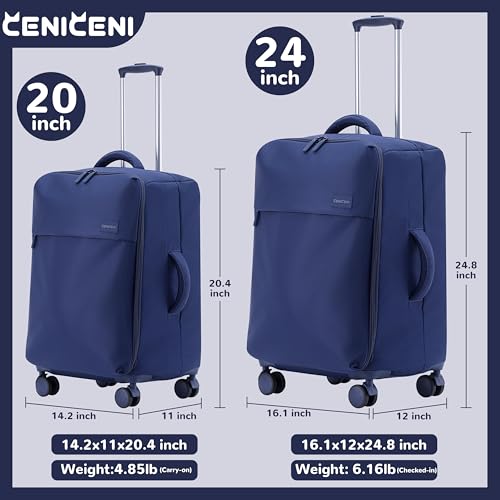CENICENI Ultralight 20" 24" Travel Luggage Set Carry-On Airline Approved Softside Suitcase, 360° Spinner Wheels, TSA Lock, with 7-Piece Travel Accessories, Navy Blue