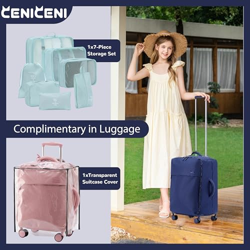 CENICENI Ultralight 20" 24" Travel Luggage Set Carry-On Airline Approved Softside Suitcase, 360° Spinner Wheels, TSA Lock, with 7-Piece Travel Accessories, Navy Blue