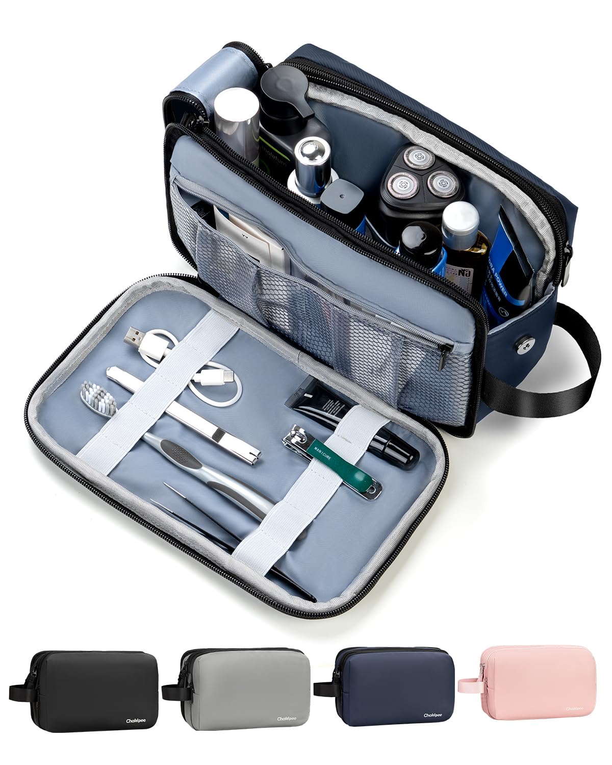Chakipee Toiletry Bag for Men, Travel Toiletries Organizer Dopp Kit Water Resistant Shaving Bag for Toiletry Accessories, Lightweight Cosmetic Bags with Zippers, Bathroom Essentials (Blue)