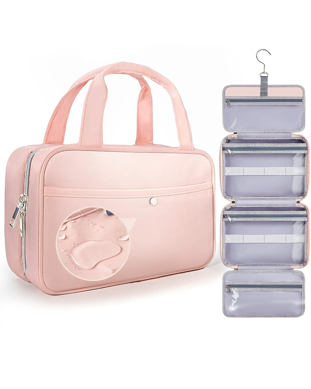 Chakipee Travel Hanging Toiletry Bag for Women - Waterproof Cosmetic Organizer with Clear Window, Lightweight Bathroom Bags for Essentials, Makeup, Shampoo, Toiletries Pink, Medium