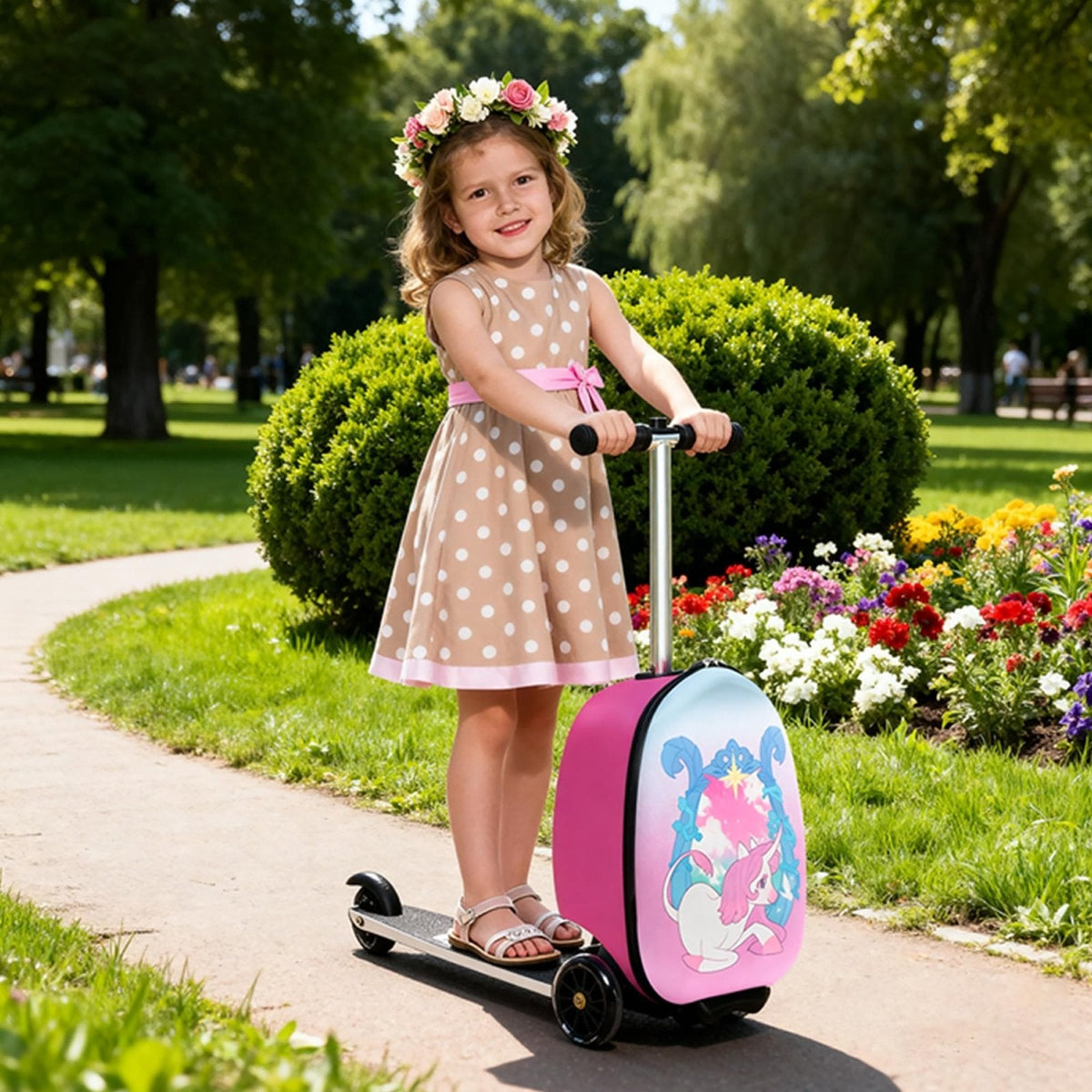 CHEN Select Scooter Suitcase for Kids, Ride on Luggage for Girls Aged 3 - 8, Scooter Luggage with LED Wheels