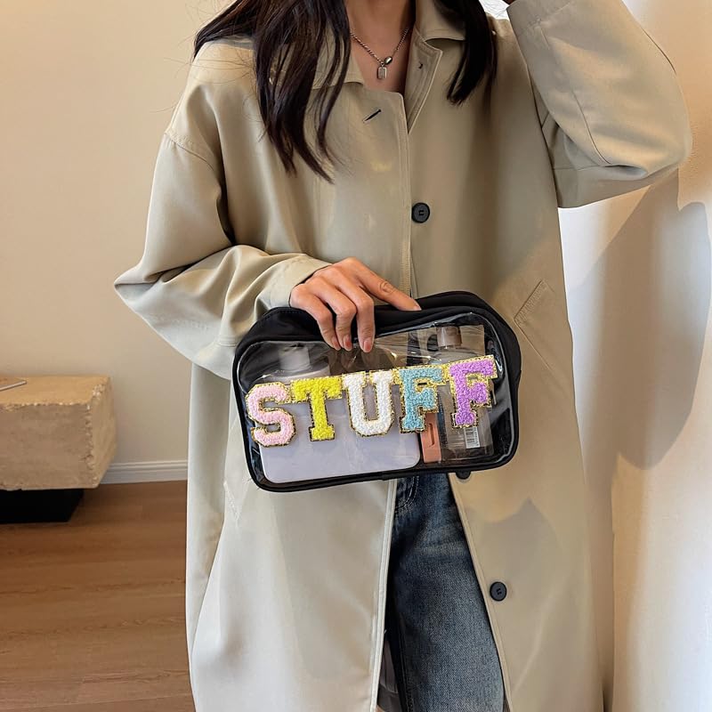 Chenille Letters Makeup Bag - Clear Glitter Preppy Patch Stuff Cosmetic Bag for Travel, Beach, Valentines Day Gifts (8.66*5.31*3.15 inch, Black)