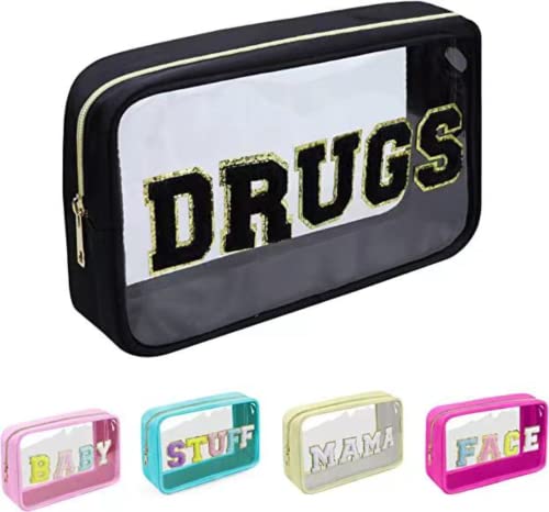Chenille Letters Makeup Bag - Clear Glitter Preppy Patch Stuff Cosmetic Bag for Travel, Beach, Valentines Day Gifts (8.66*5.31*3.15 inch, Black)