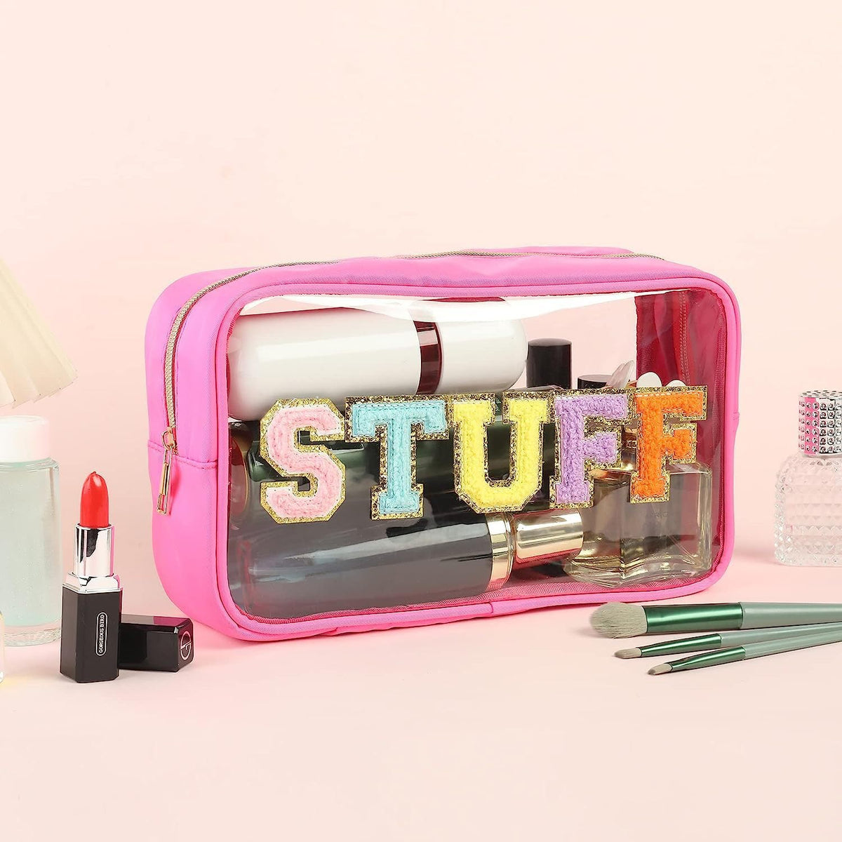 Chenille Letters Makeup Bag - Clear Glitter Preppy Patch Stuff Cosmetic Bag for Travel, Beach, Valentines Day Gifts (8.66*5.31*3.15 inch, Black)