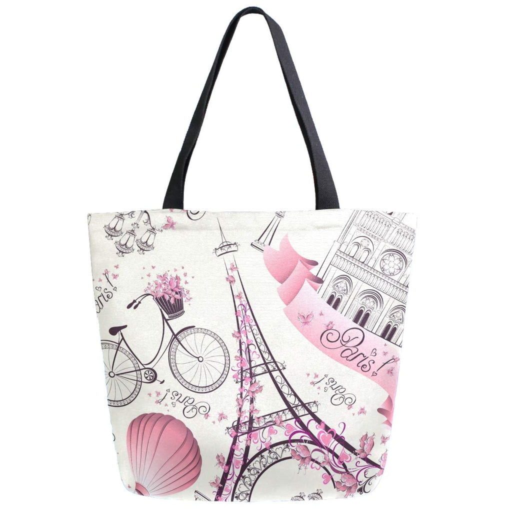 Chic Extra Large Shoulder Grocery Tote Bag, Romantic Paris Eiffel Tower with Flowers Butterfly Pattern Canvas Handle Bags Reusable for Gym Weekender Picnic Beach Travel Home Storage Market Shopping