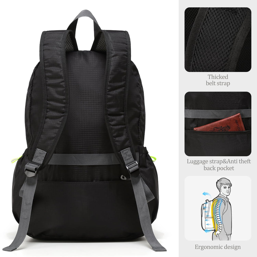 CLANTRILOBITE Lightweight Packable Travel Backpack, 30L Black Daypack Hiking Backpack for Women Men, Waterproof and Foldable, Travel Backpack Carry on Flight Approved