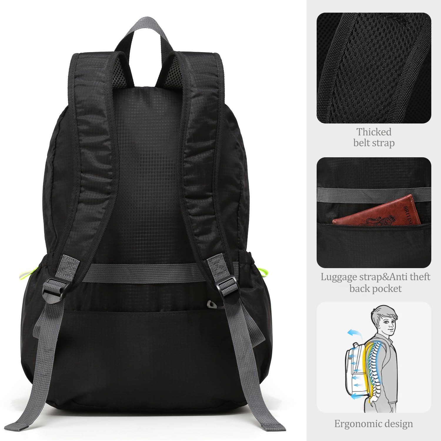 CLANTRILOBITE Lightweight Packable Travel Backpack, 30L Black Daypack Hiking Backpack for Women Men, Waterproof and Foldable, Travel Backpack Carry on Flight Approved