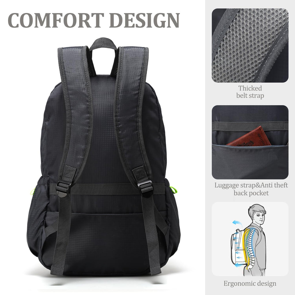 CLANTRILOBITE Lightweight Packable Travel Backpack, 30L Grey Daypack Hiking Backpack for Women Men, Waterproof and Foldable, Travel Backpack Carry on Flight Approved