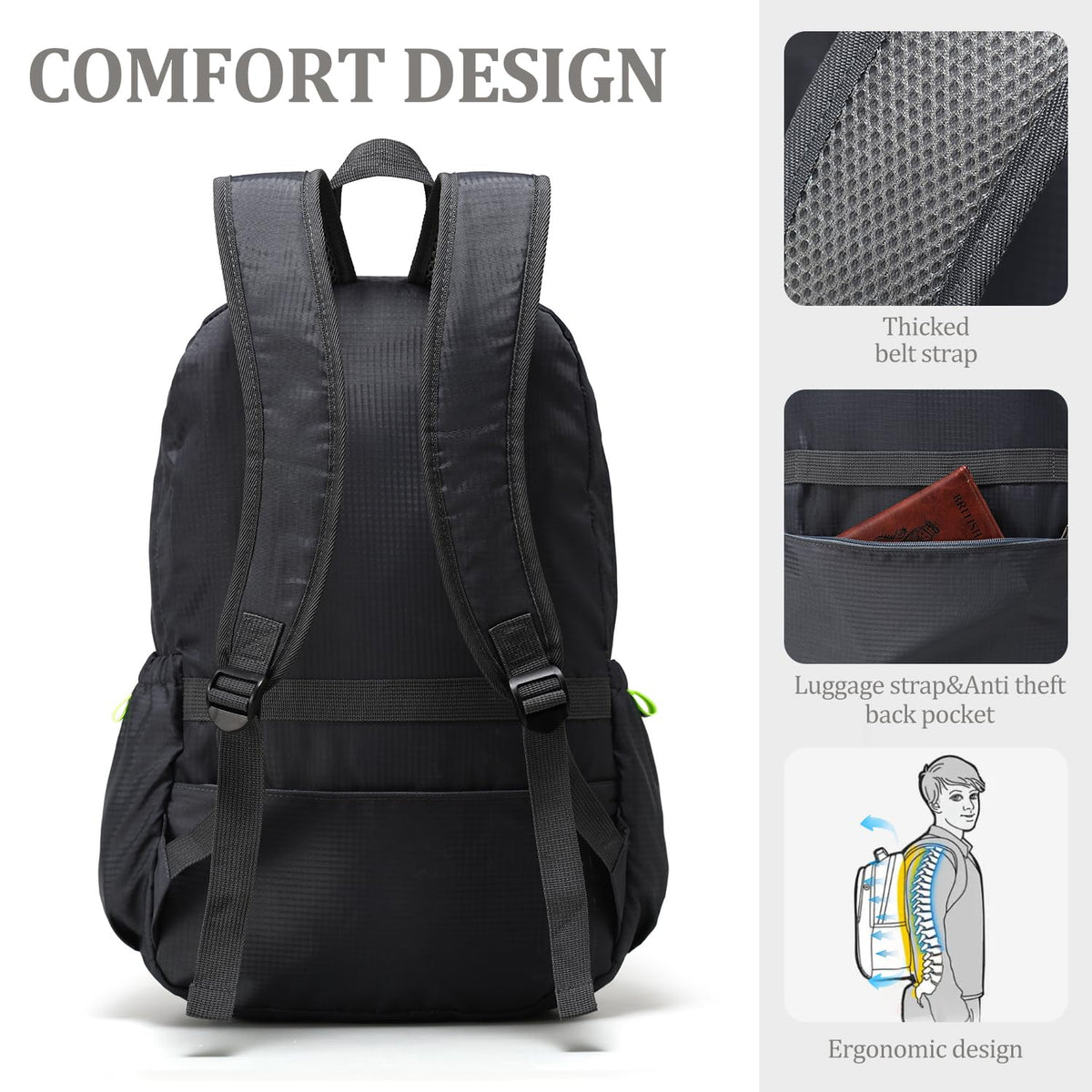 CLANTRILOBITE Lightweight Packable Travel Backpack, 30L Grey Daypack Hiking Backpack for Women Men, Waterproof and Foldable, Travel Backpack Carry on Flight Approved