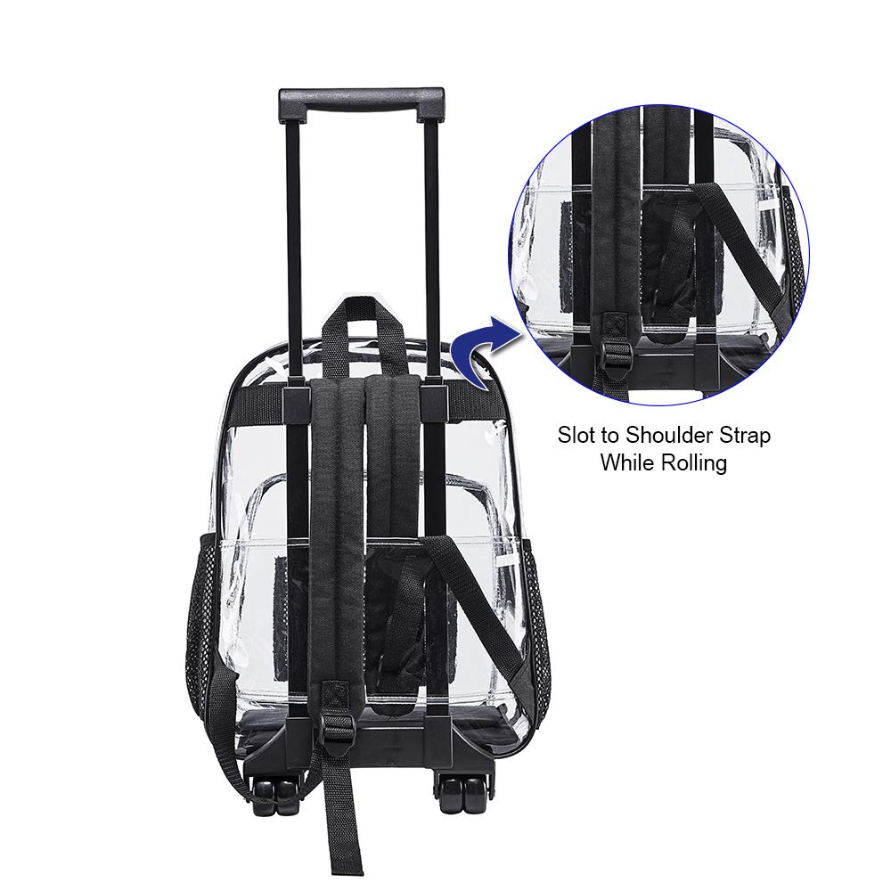 Clearworld Rolling Clear Backpack, Heavy Duty Cold - Resistant Security Transparent PVC Backpack with Wheels (Black)