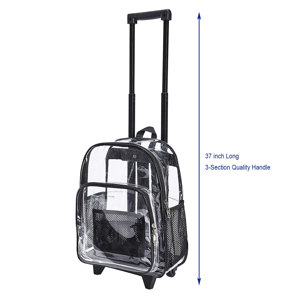 Clearworld Rolling Clear Backpack, Heavy Duty Cold - Resistant Security Transparent PVC Backpack with Wheels (Black)