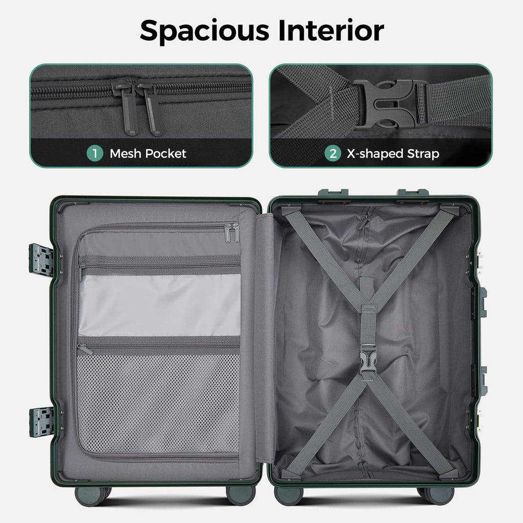 cllson Carry on Luggage Aluminium Frame with Cup Holder,Top opening Suitcases and USB Charging Port,Lightweight with Front Pocket Rolling Suitcases with Spinner Wheels (Dark Green, 20Inch)