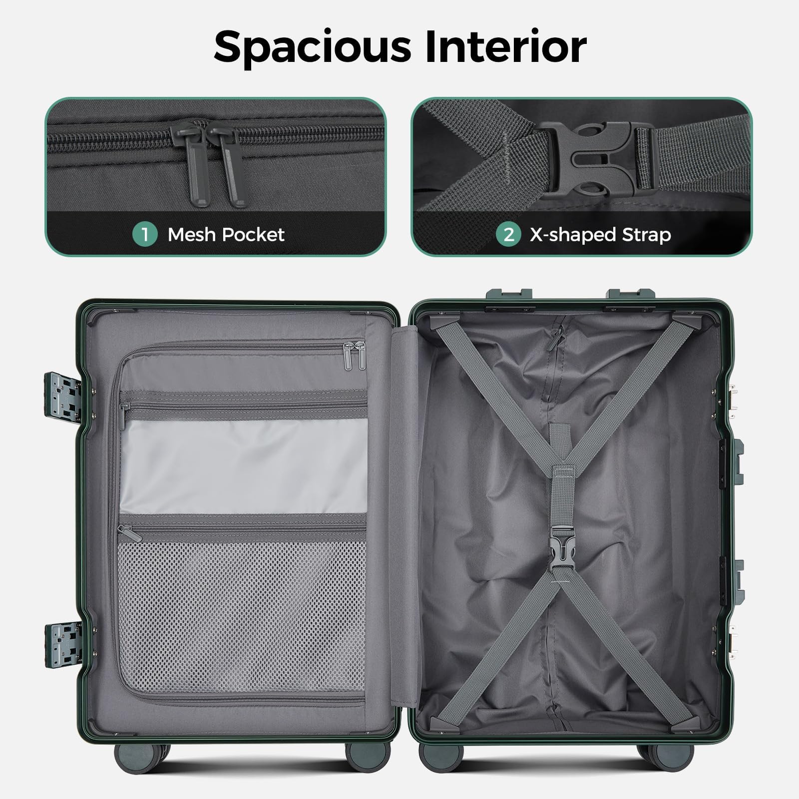 cllson Carry on Luggage Aluminium Frame with Cup Holder,Top opening Suitcases and USB Charging Port,Lightweight with Front Pocket Rolling Suitcases with Spinner Wheels (Dark Green, 20Inch)