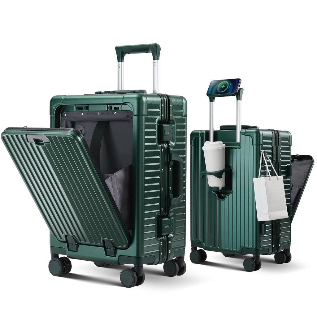 cllson Carry on Luggage Aluminium Frame with Cup Holder,Top opening Suitcases and USB Charging Port,Lightweight with Front Pocket Rolling Suitcases with Spinner Wheels (Dark Green, 20Inch)