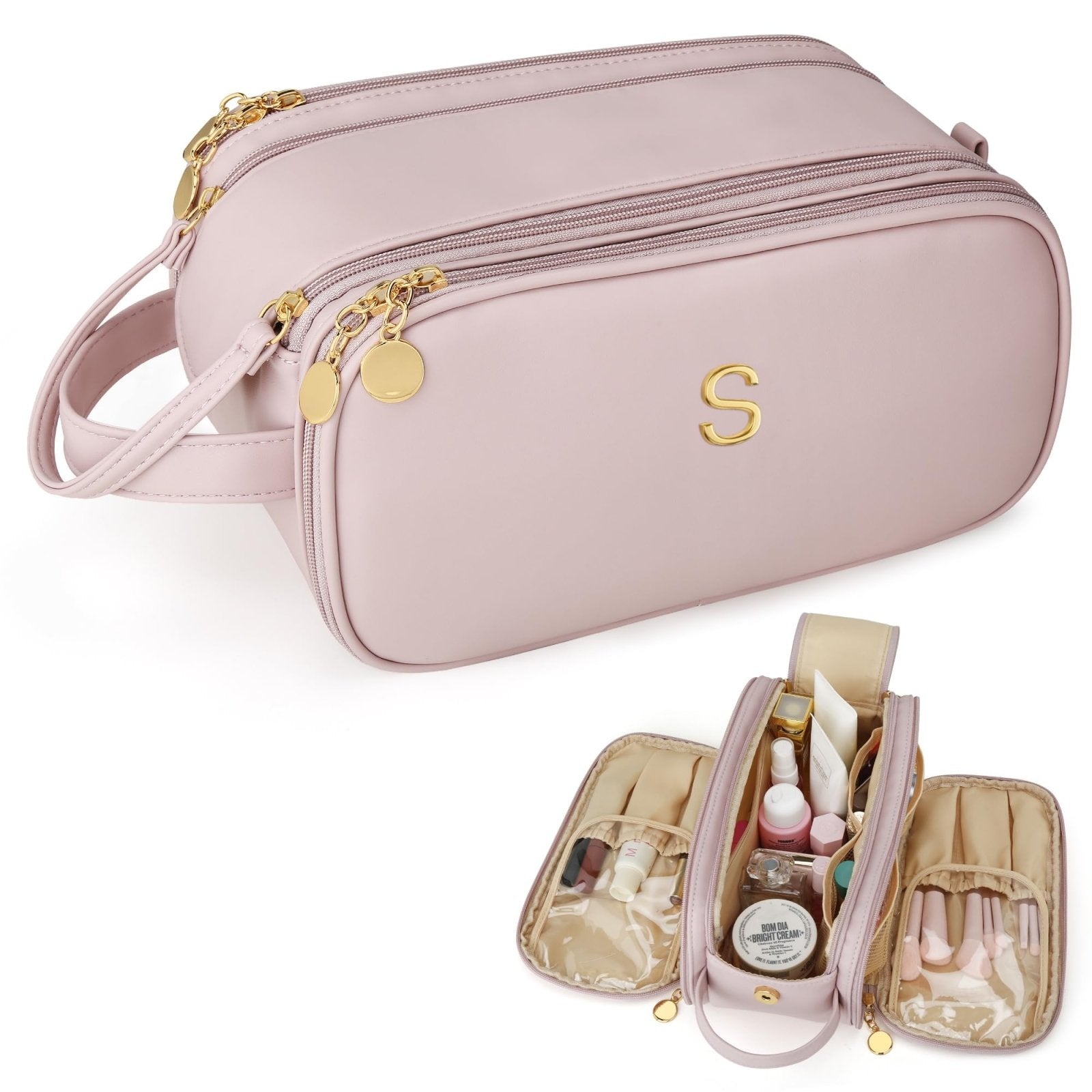 CLOUDWINGS Gifts for Women Teen Girls Large Capacity Initial Travel Makeup Bag, 3-Compartment Cosmetic Organizer with Clear Brush Holders, Large Opening Waterproof Toiletry Bag, Pink,S