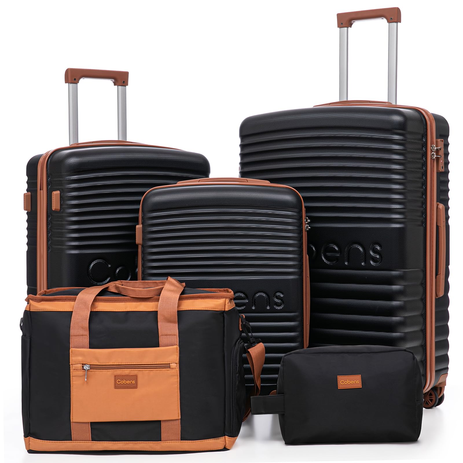 Cobens 5 Piece Luggage Sets with Spinner Wheels and Tsa Lock, Hardshell ABS Suitcase Set, Lightweight Hardside Waterproof Travel Suitcases with Wheels, 20/24/28in, Black