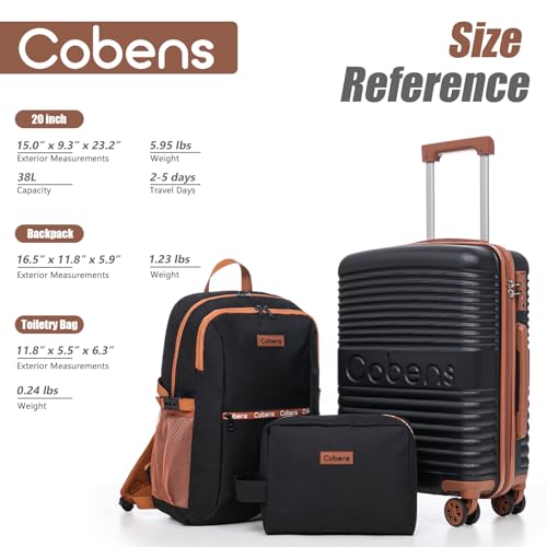 Cobens Carry on Luggage 22x14x9 Airline Approved, Suitcases with Wheels Hardshell, Lightweight Hardside Luggage Set with TSA Lock, 20Inch Black Carry on Suitcase