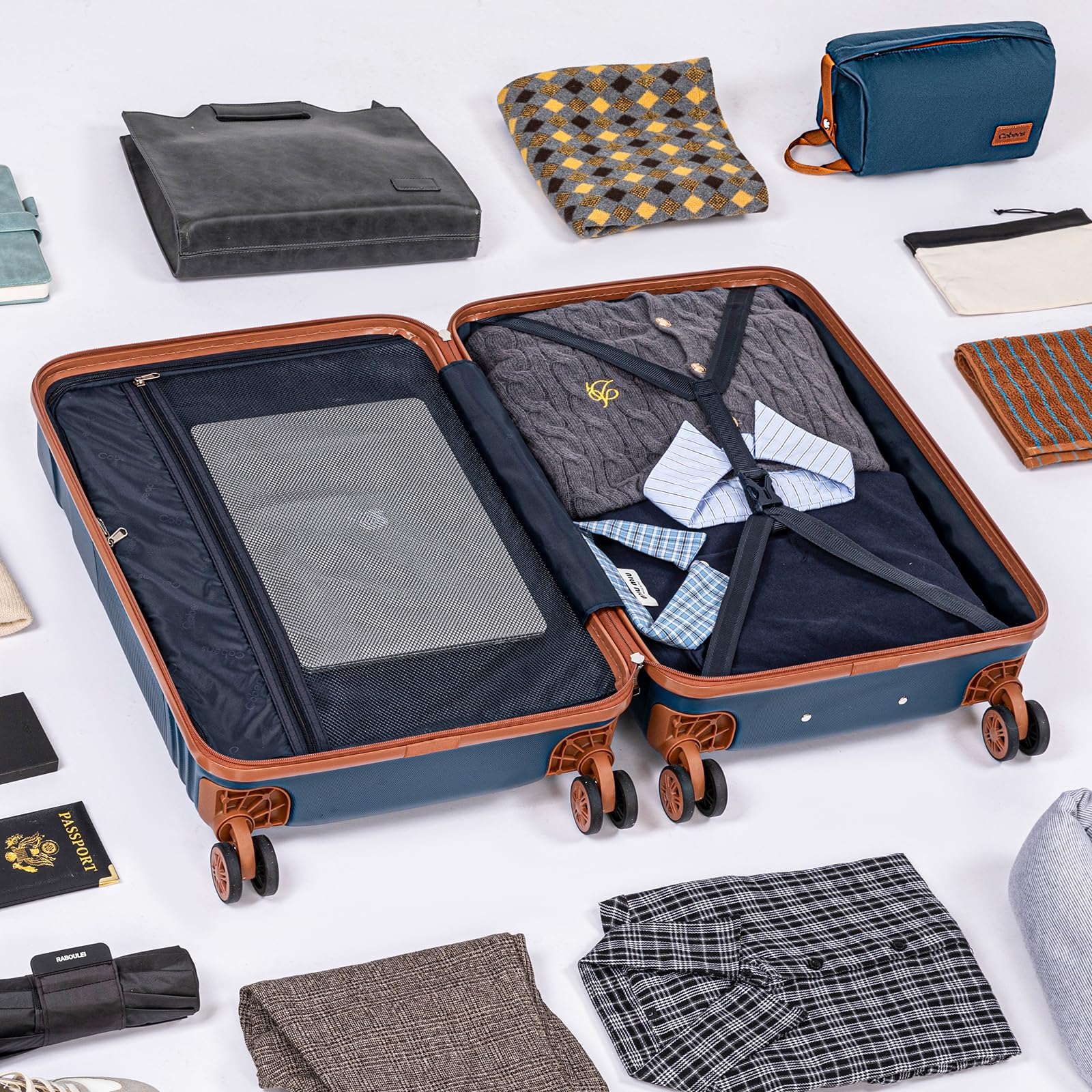 Cobens Luggage Sets 5 Piece with Spinner Wheels, Lightweight Hardshell Suitcases Set with Lock for Men and Women, Carry on Luggage Travel Set with Durable ABS Hard Case