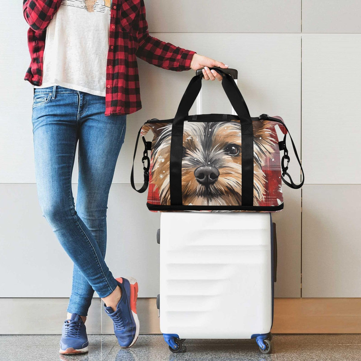 Colorful Dog Buffalo Plaid Snowflakes Christmas Travel Duffel Bags Travel Weekender Gear Bag with Toiletry Bag for Business Trips 2 Pcs Set