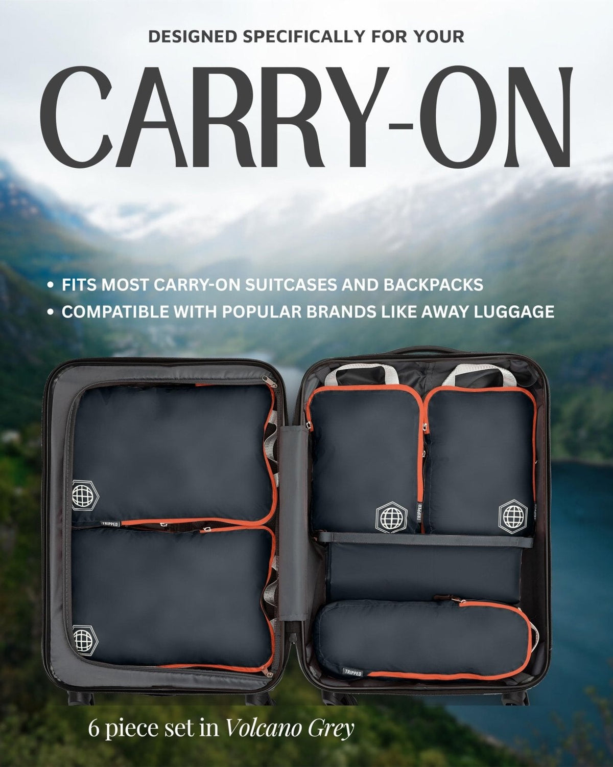 Compression Packing Cubes 3 Piece Set for Carryon Suitcases - Lightweight, Durable Clothes Organizer (Grey and Orange)