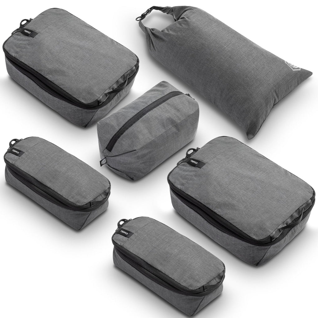 Compression Packing Cubes for Travel by TRIPPED – 6-Piece Premium Set with Laundry & Shoe Bag, Space Saving Travel Organizer Bags for Suitcase & Carry-On Luggage (Grey)