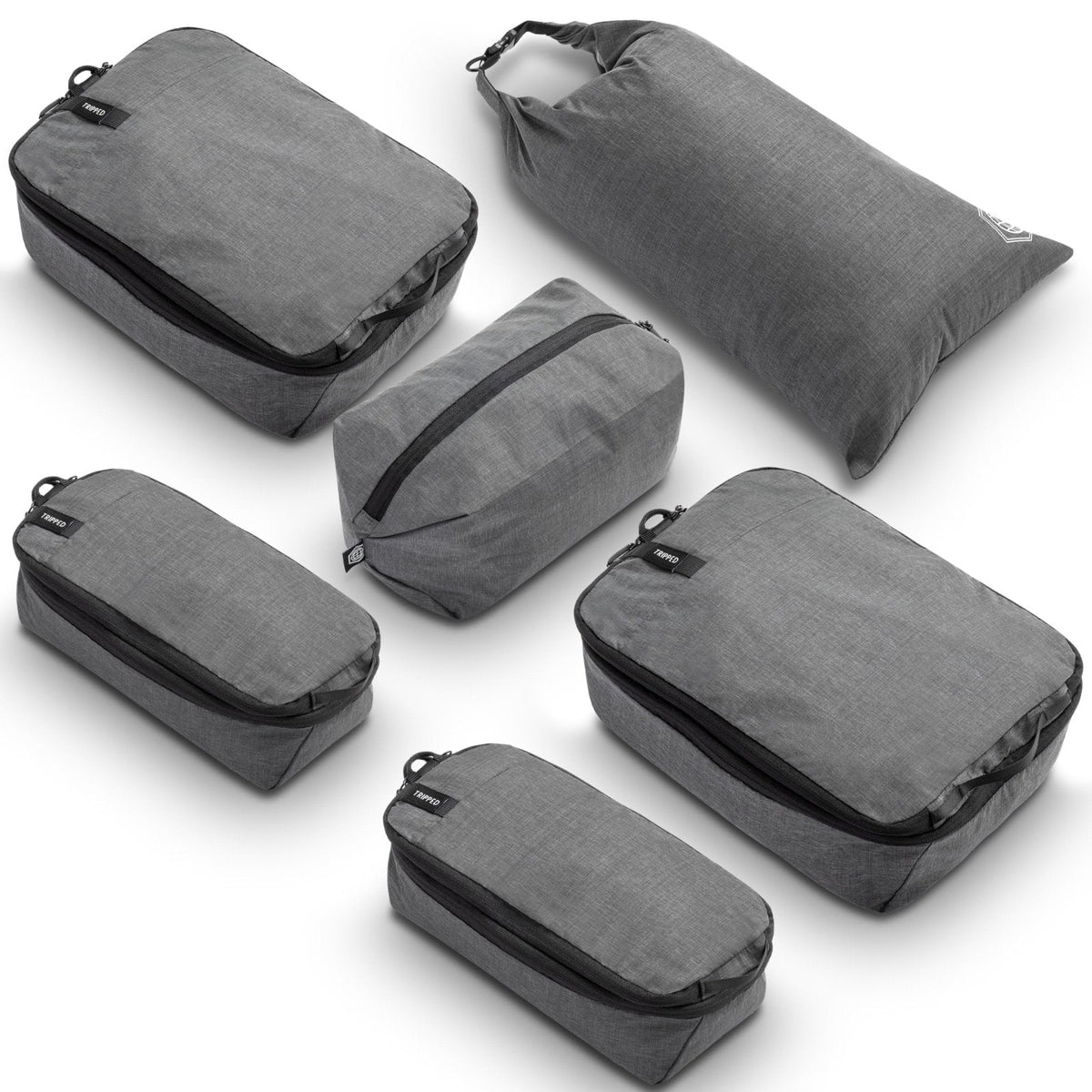 Compression Packing Cubes for Travel by TRIPPED – 6-Piece Premium Set with Laundry & Shoe Bag, Space Saving Travel Organizer Bags for Suitcase & Carry-On Luggage (Grey)