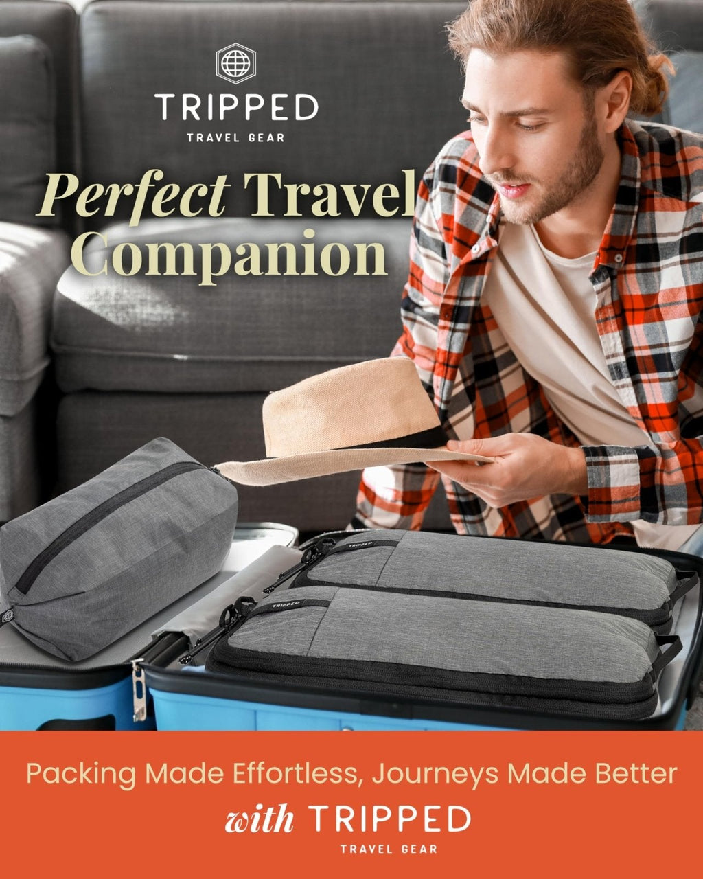 Compression Packing Cubes for Travel by TRIPPED – 6 - Piece Premium Set with Laundry & Shoe Bag, Space Saving Travel Organizer Bags for Suitcase & Carry - On Luggage (Grey)