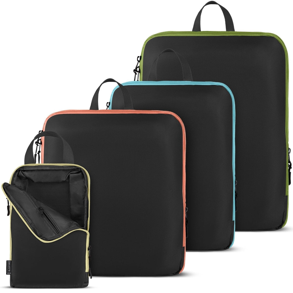 Compression Packing Cubes Set - 4 Carry-On Suitcase Organizer Bags with Compression & Inside Pockets