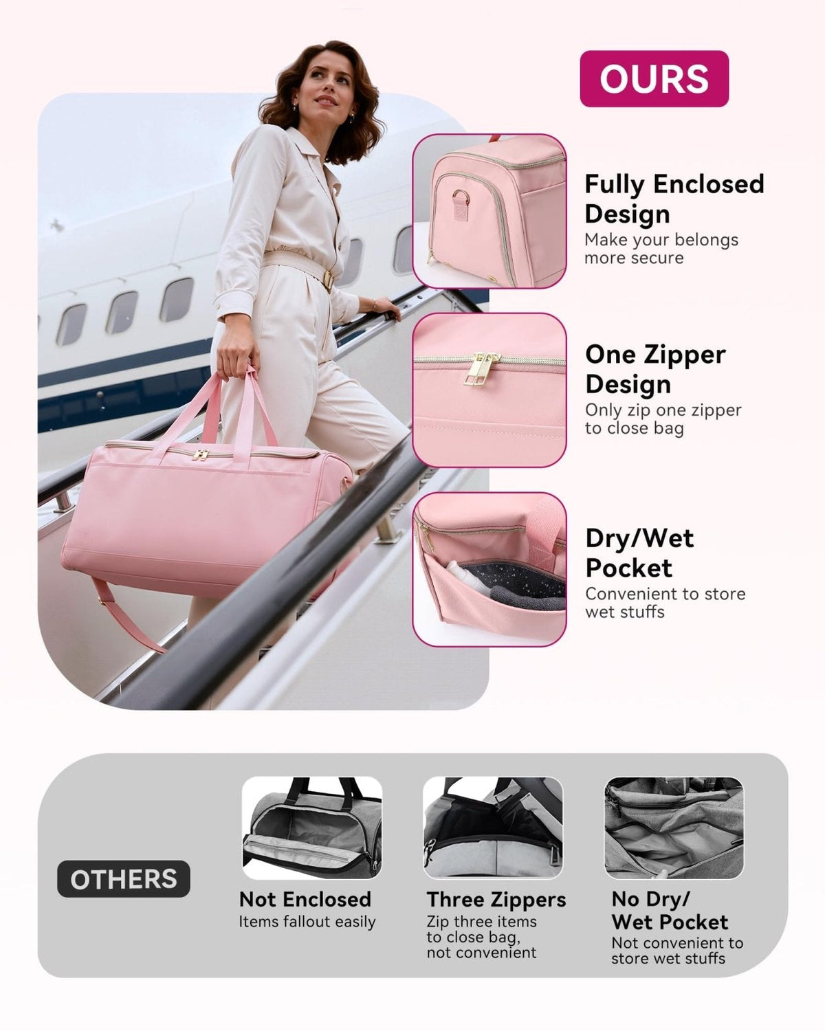 Convertible Travel Garment Bag, Carry on Garment Duffel Bag, 2 in 1 Hanging Dress Suitcase Suit Travel Bags, for Business Trips with Shoe Compartment & Multiple Pockets, AGPTEK (Pink)